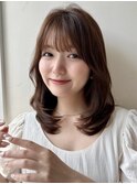 ぱっつん前髪韓国レイヤーカット内巻きショコラブラウン