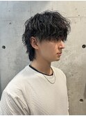 メンズマッシュウルフ波巻きスパイラルツーブロック黒髪モテ髪