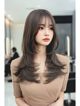 ノイエ 原宿 北参道(NoIE) ミディアムレイヤーバタフライカットハッシュカットダークグレー