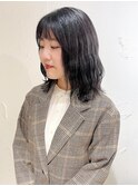 "久保田"伸ばしかけ切りっぱなしロブミディアム暗髪透け感カラー