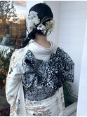 【成人式ヘアセット】編みおろしポニー×金箔×水引