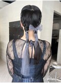 結婚式参列ヘアセットツインアレンジねじりリボンアレンジ/今枝