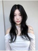 韓国風　ウェーブヘア　ロングレイヤー　黒髪ウェーブ　