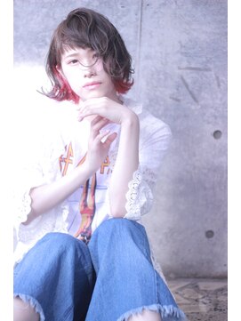 カシュカシュ(cache cache) cache 切りっぱなしボブのインナーカラーレッドピンクスタイル★