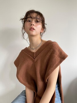 エイチ 天神橋(H) ミニウルフデジタルパーマチェリーブラウンセミロング前髪