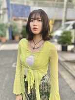 ヘアー アレス(hair ales)&nbsp;黒髪 ボブルフ ネビージュ 小顔 ワンレン ウェーブパーマ