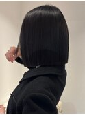 6043黒髪アッシュブラックグレージュ韓国風切りっぱなしボブ