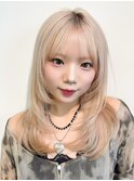 グレージュブラウン/ミディアムレイヤー/韓国巻き/顔周りカット