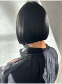 グレーベージュ黒髪レイヤーロング アッシュブラック前髪パーマ