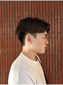 フェザーパーマグレーブルーカラー刈り上げショートバング