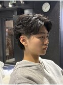 センターパート&フェザーパーマ&フェザーショート&黒髪&men's