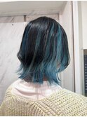 【末安】バレイヤージュ/黒髪 x ターコイズブルー/ 20代30代