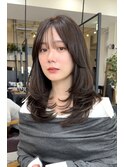 美髪ハッシュカットロングレイヤーカットオリーブグレージュ