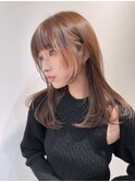大人姫カット ピンクベージュインナーグレージュ愛され前髪