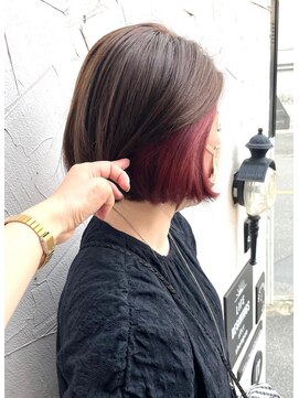 ヘアアンドメイク エジェリ(hair&make egerie) コーラルピンクインナーカラー・ラベンダーぷつっとミニボブ