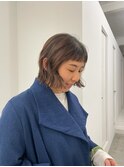 ホワイトグレージュデジタルパーマシースルーマッシュセミロング
