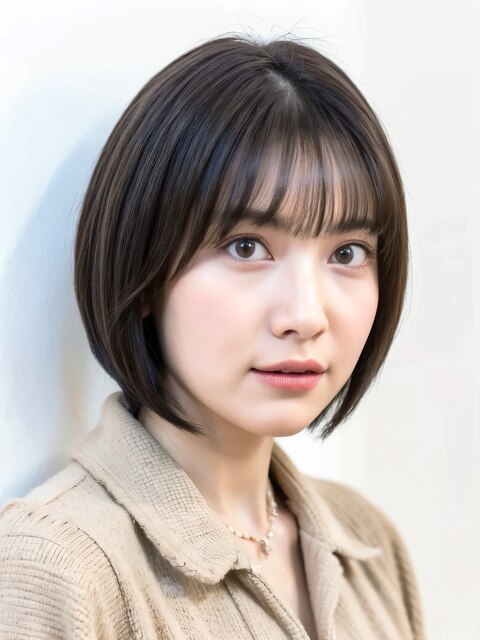 大人ヘアスタイル 黒髪ツヤ髪ストレートショートボブ 前髪あり