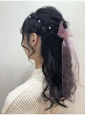 編み込みハーフアップ×リボン