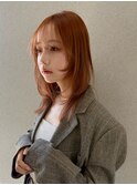 オレンジベージュ/ミディアムヘア/レイヤーカット/ハイトーン