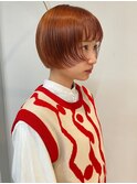 顔周りレイヤー ピンクオレンジ 前髪カット ボブ ブリーチ