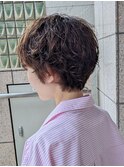 ぱっつん前髪/レディスパーマ/耳掛けショート/マッシュパーマ