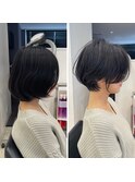 ショートボブ くびれ 前髪長め 暗髪 耳かけ もみれげ 