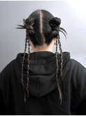 カチモチヘア☆三つ編みお団子y2k推し活オタ活ヘアメイク