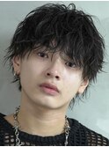 渋谷ルーズパーマメンズマッシュウルフセンターパートカット