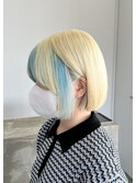 デザインカラー水色×ブロンド10代20代デザインブリーチカラー
