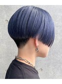 刈り上げマッシュショート前髪なし刈り上げショートブルーヘア