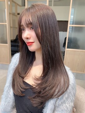 アム 表参道(am) 小顔薄めバンググレージュレイヤーロング前髪パーマ黒髪