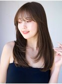 ◯シンプルストレート流し前髪ロングレイヤーカットウルフパーマ