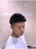 メンズアップバングフェードショートパーマバーバー眉毛F