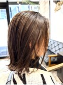 ロングショートワンカールパーマカーキグレージュ前髪錦糸町