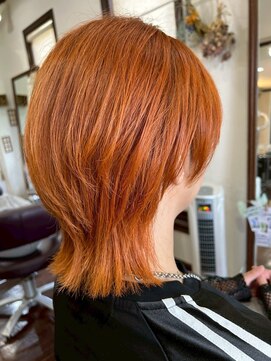 美容室 メザミー MESAMIES メンズヘア透明感ハイトーンコーラルオレンジウルフカット