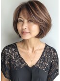 菱形ショートボブ＋ハイライトカラー＋前下がりショート髪質改善