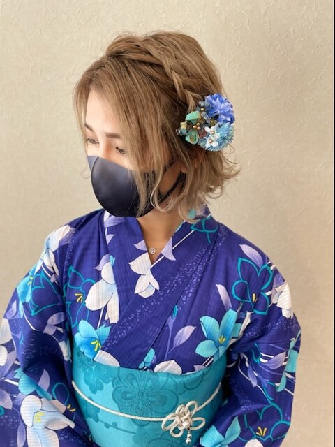 浴衣ヘアセット　着付け　編み込みカチューシャ　