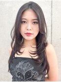 グレージュブラウン/ミディアムレイヤー/韓国巻き/顔周りカット