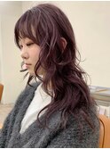 ブリーチなしレイヤー春カラーラベンダーピンクロングパーマ風