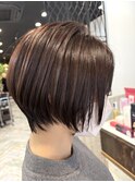 ロングショートワンカールパーマカーキグレージュ前髪錦糸町
