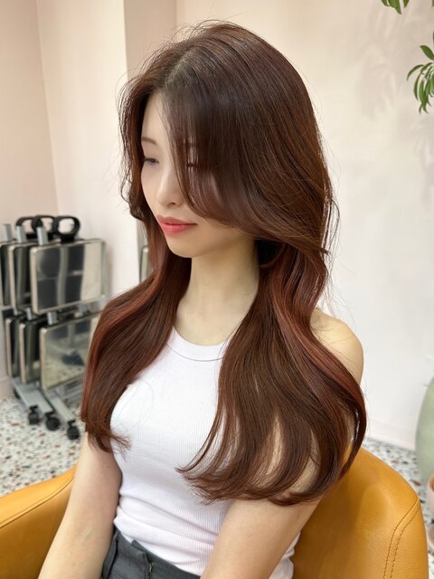 韓国ヘア/前髪なし/くびれヘア/暖色系カラー