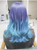 ロングヘア　毛先カラーブルーカラー☆ブリーチ　ボブでも