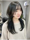 ロングレイヤー　シースルーバング　オリーブアッシュカラー