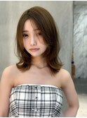 ミディアムレイヤーカット/オリーブグレー/韓国風/小顔前/札幌