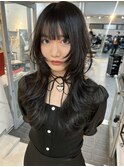 シャギー黒髪ロングウルフカットロングレイヤーカット外ハネ