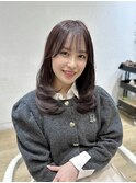 内巻きワンカールハイレイヤーぱっつん前髪ピンクブラウン
