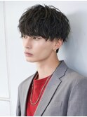 メンズマッシュ無造作ソフトツイストスパイラルパーマ黒髪