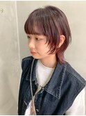 ウルフカット、インナーカラー、チェリーピンク、ブリーチ
