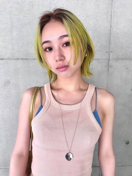 レコ 渋谷(LECO) ライムイエロー×ブラウンルーツカラーボブ