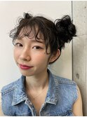 ヘアセット 個性的無造作ウェーブツインお団子 #撮影